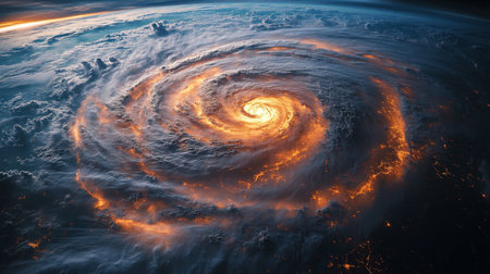 Powerful hurricane swirling above Earth, showcasing vibrant cloud formations and electrical activity. Generative AIの素材