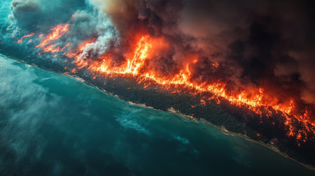 Satellite monitoring of a large wildfire spreading along the coastline with intense flames and smoke visible from above. Generative AIの素材