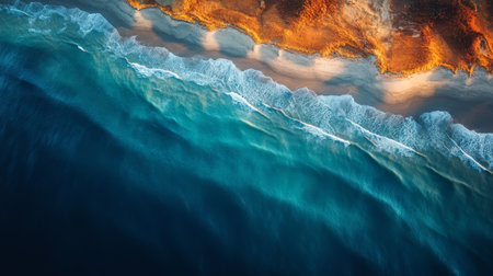 Satellite captures stunning coastal landscape with waves and sandy shore. Generative AIの素材