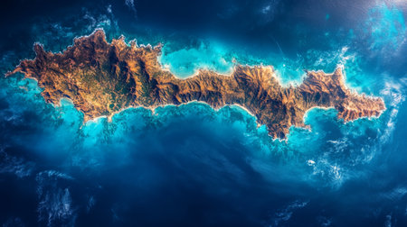 Satellite view of a remote island showing detailed topography and surrounding waters with bright blue hues. Generative AIの素材