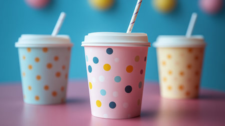 Colorful polka dot cups on a vibrant surface, perfect for a cheerful gathering or celebration in a lively space. Generative AIの素材