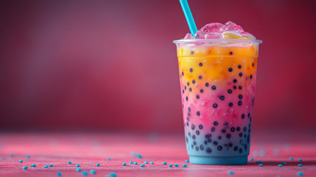 Colorful tropical drink with layers of fruit and tapioca on a vibrant background. Generative AIの素材