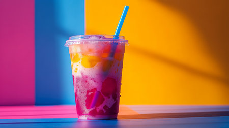 Colorful fruit smoothie in a clear cup against vibrant backgrounds during bright daylight. Generative AIの素材