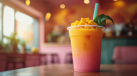 Refreshing mango smoothie with vibrant colors in a cozy cafe setting. Generative AIの素材