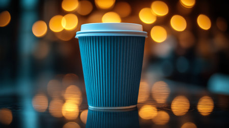 Hot drink served in textured blue cup with blurred warm lights in background creating cozy atmosphere at cafe. Generative AIの素材