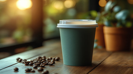 Warm coffee cup with roasted beans on wooden table during sunset in a cozy cafe environment. Generative AIの素材