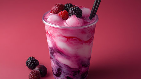 Refreshing berry swirl drink served in a clear cup against a vibrant background with fresh fruit accents. Generative AIの素材