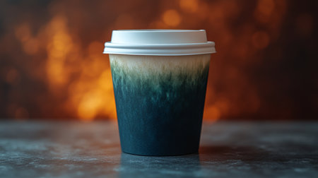 Coffee cup with gradient design against a warm, blurred background in a cozy setting during a late afternoon. Generative AIの素材