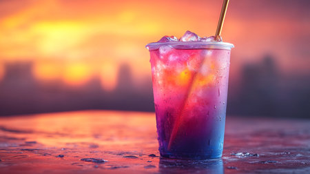 Colorful beverage sits on a reflective surface during sunset with a city skyline in the background. Generative AIの素材