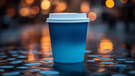 Warm beverage cup placed on a wet surface reflecting city lights at dusk. Generative AIの素材