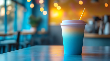 Colorful drink on a table in a vibrant cafe during late afternoon with blurred background ambiance. Generative AIの素材