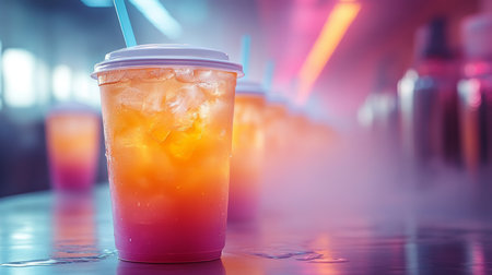 Vibrant colorful drinks ready to be served in a lively cafe at night. Generative AIの素材