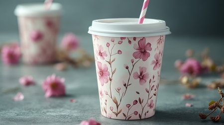 Decorative cup design with flowers and a straw surrounded by pink petals on a gray surface. Generative AIの素材