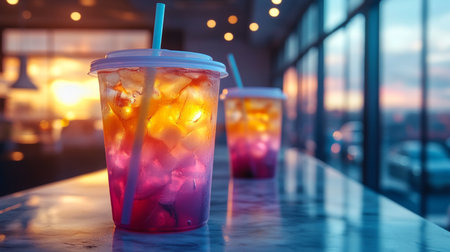 Colorful drinks with ice set against a sunset view from a modern cafe interior in the evening. Generative AIの素材