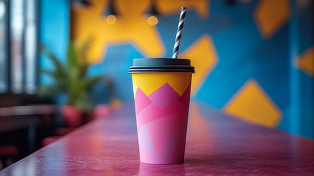 Colorful takeout cup on a vibrant table in a modern cafe with an artistic background and stylish decor. Generative AIの素材