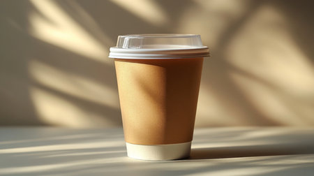 Coffee cup on a table with soft shadows reflecting warm sunlight. Generative AIの素材