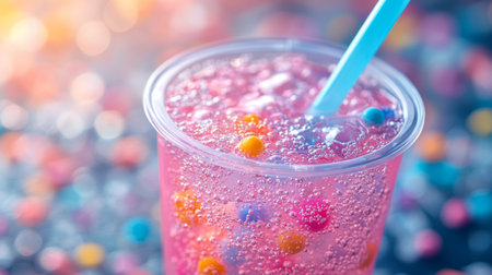 Colorful sparkling drink with bubbles and beads in a clear cup against a vibrant background. Generative AIの素材