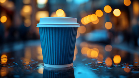 Warm coffee cup resting on a wet city street illuminated by soft evening lights. Generative AIの素材
