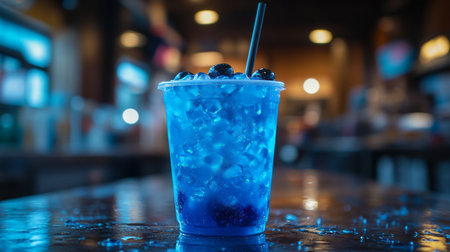Refreshing beverage with ice and blueberries served in a transparent cup at a lively evening venue. Generative AIの素材