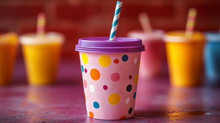 Colorful polka dot cup filled with drink sets a playful mood in a vibrant display of beverage containers. Generative AIの素材