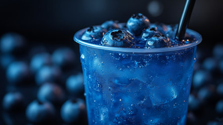 Refreshing blueberry beverage served in a clear cup filled with ice and topped with fresh blueberries. Generative AIの素材