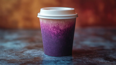 Unique coffee cup with gradient color design sits on a textured surface. Generative AIの素材