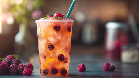 Refreshing raspberry and citrus beverage in a clear cup with ice, vibrant colors, and a stylish straw. Generative AIの素材