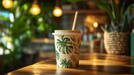 Fresh beverage in a tropical-themed cafe setting with natural light highlighting the vibrant surroundings. Generative AIの素材