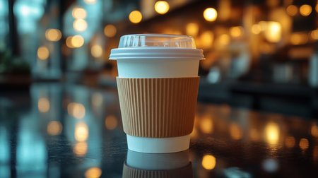 Coffee cup on a table in a cozy cafe with warm lighting and blurred background during morning hours. Generative AIの素材