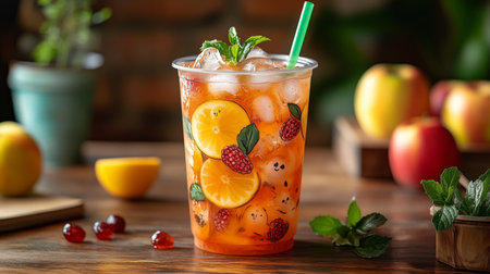 Refreshing fruit drink with vibrant citrus and berries in a clear cup on a wooden table with apples. Generative AIの素材