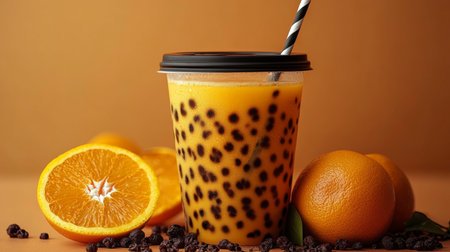 Refreshing orange bubble tea with tapioca pearls and fresh oranges on a warm backdrop. Generative AIの素材