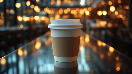 Coffee cup on a reflective table in a cozy cafe during the evening with warm lighting illuminating the background. Generative AIの素材