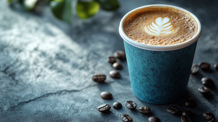 Warm coffee with latte art on a textured surface surrounded by coffee beans and greenery. Generative AIの素材