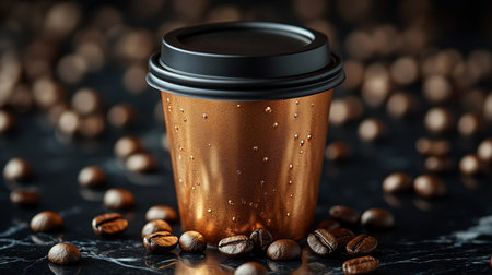 Stylish coffee cup surrounded by coffee beans on a dark marble surface in a cozy cafe atmosphere. Generative AIの素材
