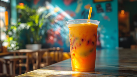 Refreshing mango beverage sits on a wooden table in a vibrant cafe with colorful walls and sunlight streaming in. Generative AIの素材