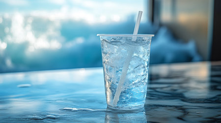 Refreshing clear drink served in a plastic cup with ice on a glossy surface near a window with a scenic view. Generative AIの素材