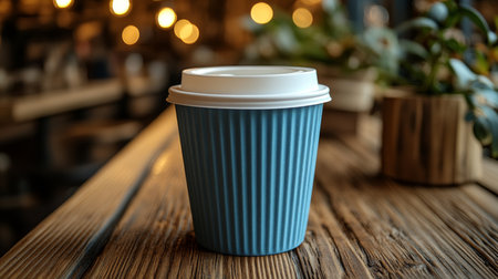 Warm cup of coffee placed on a rustic wooden table in a cozy cafe filled with soft lighting and a relaxed atmosphere. Generative AIの素材