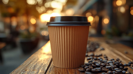 Warm coffee cup placed on wooden table surrounded by scattered coffee beans during sunset in a cozy outdoor cafe setting. Generative AIの素材