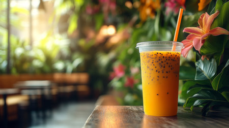 Refreshing tropical drink sits on a wooden table surrounded by lush green plants in a vibrant cafe setting. Generative AIの素材