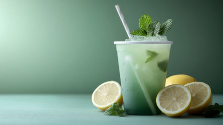 Refreshing mint lemonade drink served in a clear cup with lemon slices on a green background in a well-lit setting. Generative AIの素材
