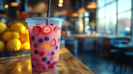 Refreshing fruit drink served in a clear cup on wooden table in a vibrant cafe with natural light and fruit display. Generative AIの素材