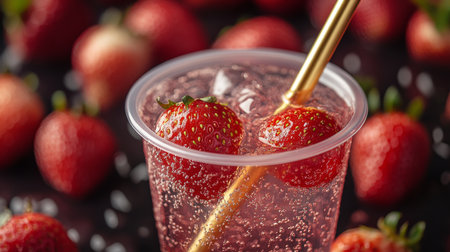 Refreshing strawberry drink with bubbles served in a clear cup surrounded by fresh strawberries. Generative AIの素材