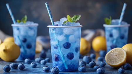 Refreshing blueberry lemonade drinks served in clear cups with ice and garnished with mint during a summer gathering. Generative AIの素材