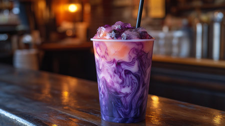 Colorful blended drink served in a stylized cup at a cozy cafe with warm ambient lighting during the evening hours. Generative AIの素材