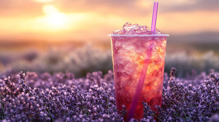 Refreshing drink sits among lavender flowers during sunset in a serene outdoor field. Generative AIの素材