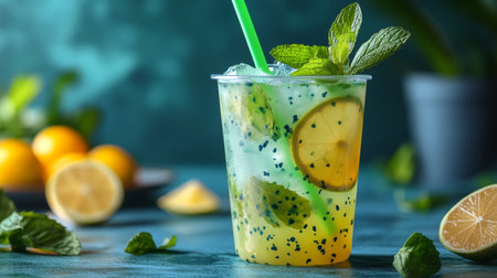 Refreshing summer drink with mint and citrus served in a clear cup on a colorful table. Generative AIの素材