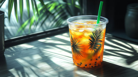 Refreshing tropical drink in a clear cup on a wooden table surrounded by lush green plants. Generative AIの素材