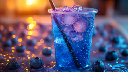 Refreshing blue drink served with ice and blueberries on a vibrant table at a cozy evening gathering. Generative AIの素材