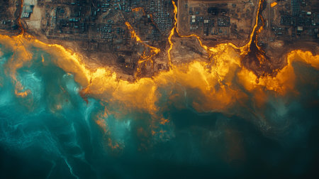 Satellite view of coastal area showcasing vibrant geospatial data and AI-generated imagery. Generative AIの素材