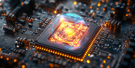 Quantum computing chip demonstrating qubit superposition and entanglement dynamics. Generative AIの素材